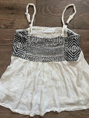 Miintoday Black White Smocked Stitched Bodice Spaghetti Strap Tank Top Size S/M